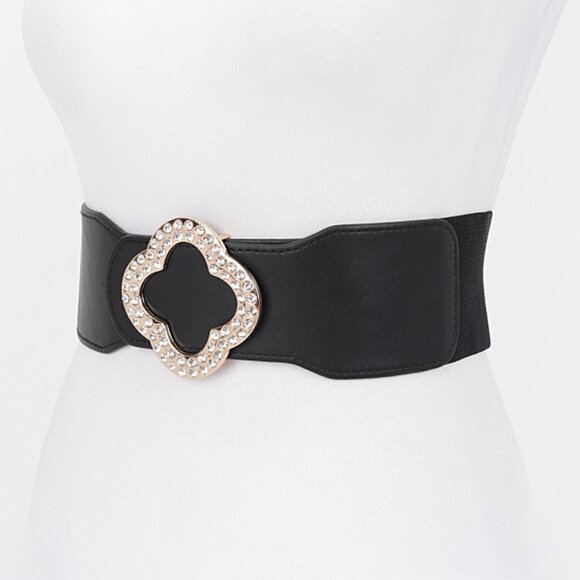 BNWT Plus Size XL Crystal Clover Buckle Elastic Wide Belt Fashion Stretch Belt - Picture 2 of 5
